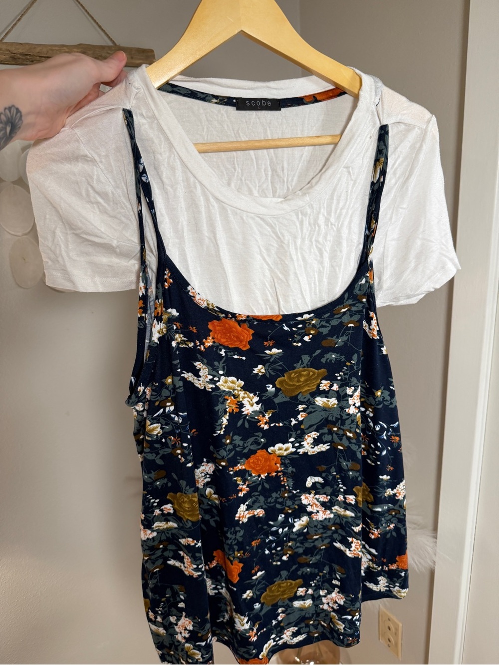 Y2K Navy Floral Cami with White Tee Layer